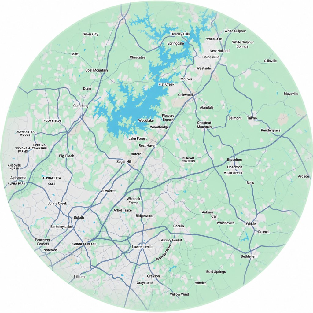 The Bin Bandits service area map: Buford, Gainesville, Cumming and the Lake Lanier area.